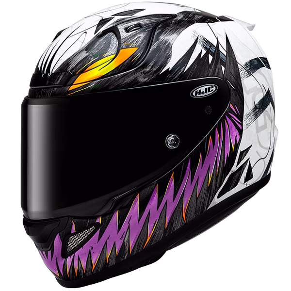 HJC integralna motoristična čelada RPHA 12 ANTI VENOM 2 MARVEL MC8 Bela/Črna/Viola/Oranžna XS