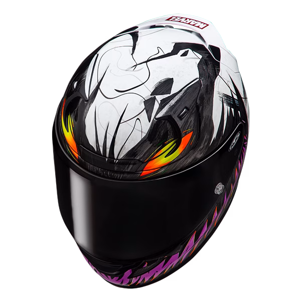 HJC integralna motoristična čelada RPHA 12 ANTI VENOM 2 MARVEL MC8 Bela/Črna/Viola/Oranžna XS
